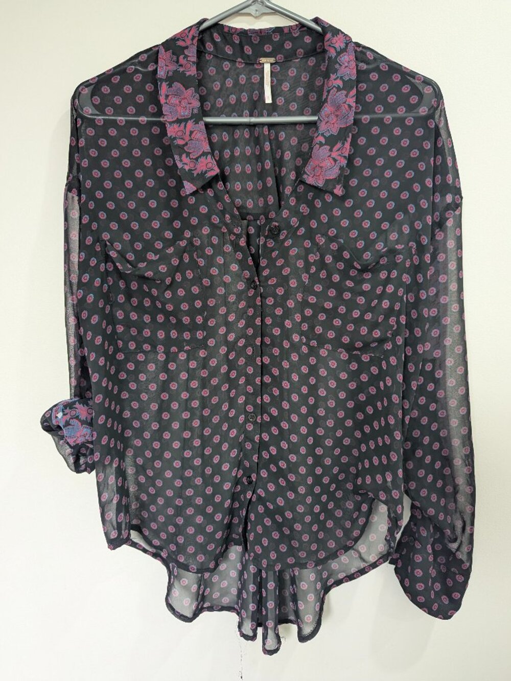 Free People Size S Semi-sheer Button-down Boho Blouse Black Purple